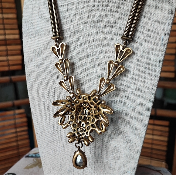 J. Crew Art Deco Revival Brass Tone Clear Stone Statement Necklace Reproduction - Picture 3 of 16